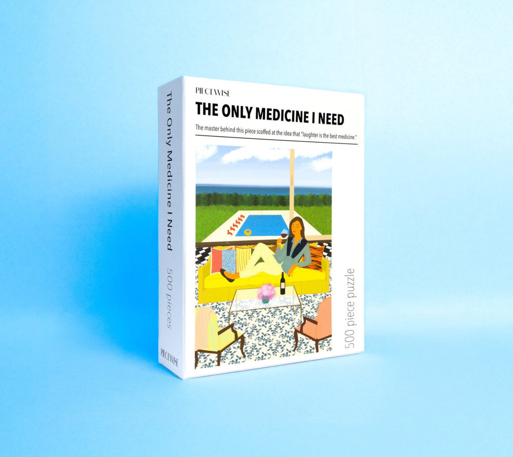 The Only Medicine I Need, a 500-piece adult jigsaw puzzle by Piecewise featuring an illustrated wine and relaxation scene