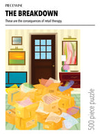 Piecewise The Breakdown 500-piece adult jigsaw puzzle featuring an illustrated room with cardboard boxes
